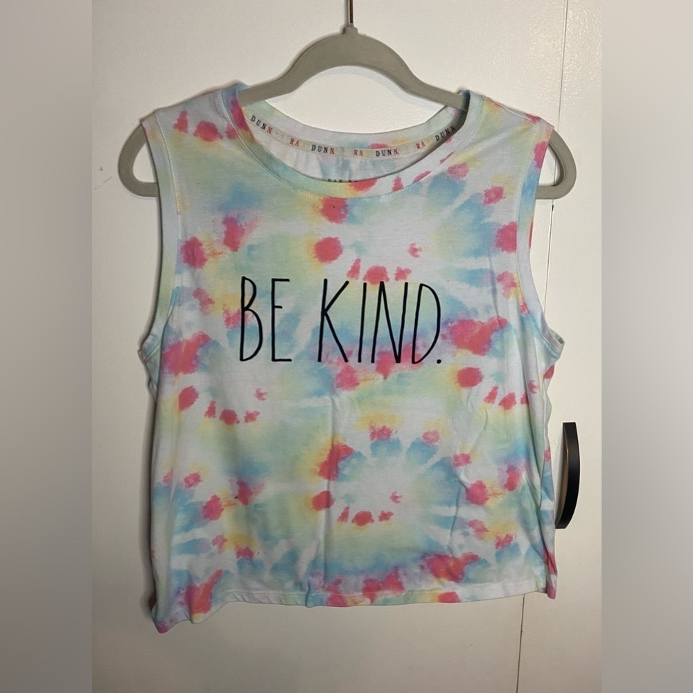 Rae Dunn Tie-dye Top Sleeveless Shirt White Pink Blue, “Be Kind” Size Large